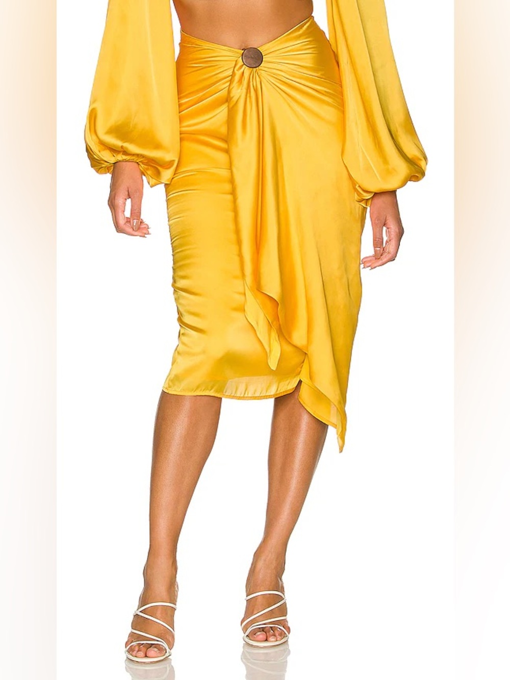 Andrea Iyamah Bright Yellow Satin Draped Midi Skirt